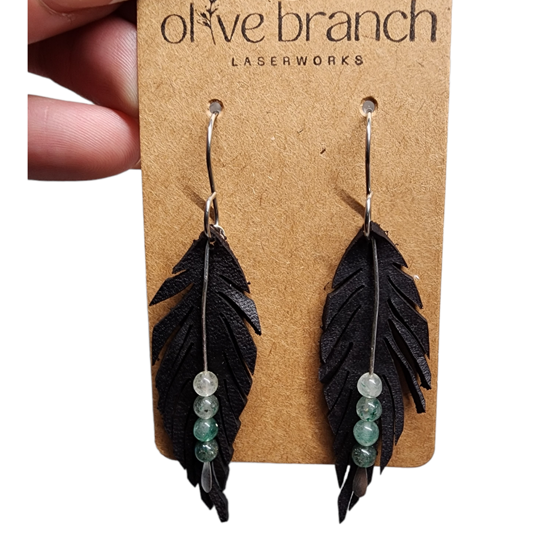 Leather feather earrings with beaded drop pin