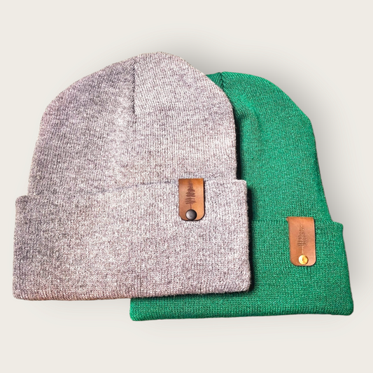 Beanie with Evergreen tree leather cuff detail